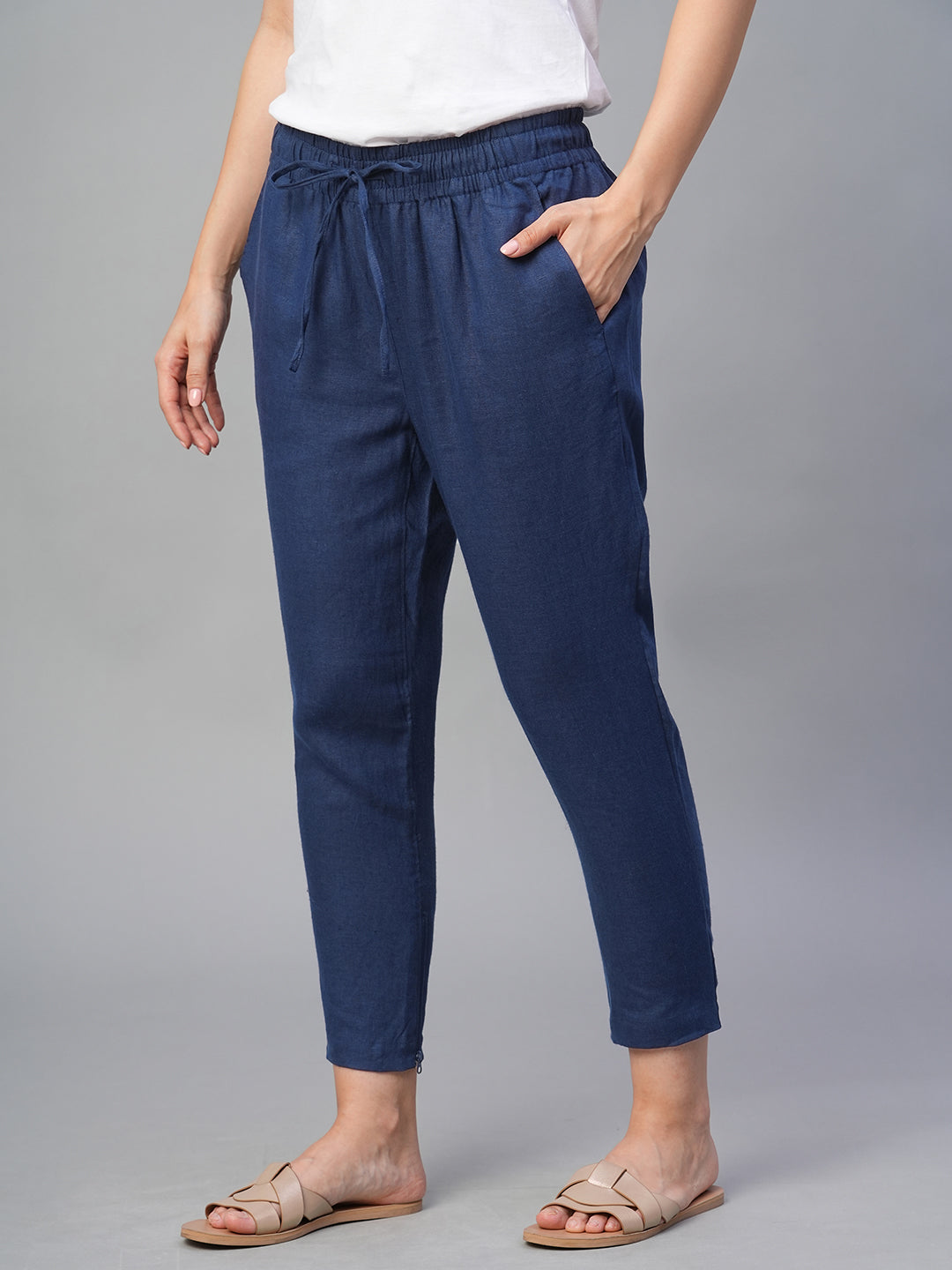 Women's Navy 100% Linen Slim Fit Pant