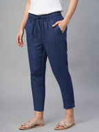 Women's Navy 100% Linen Slim Fit Pant