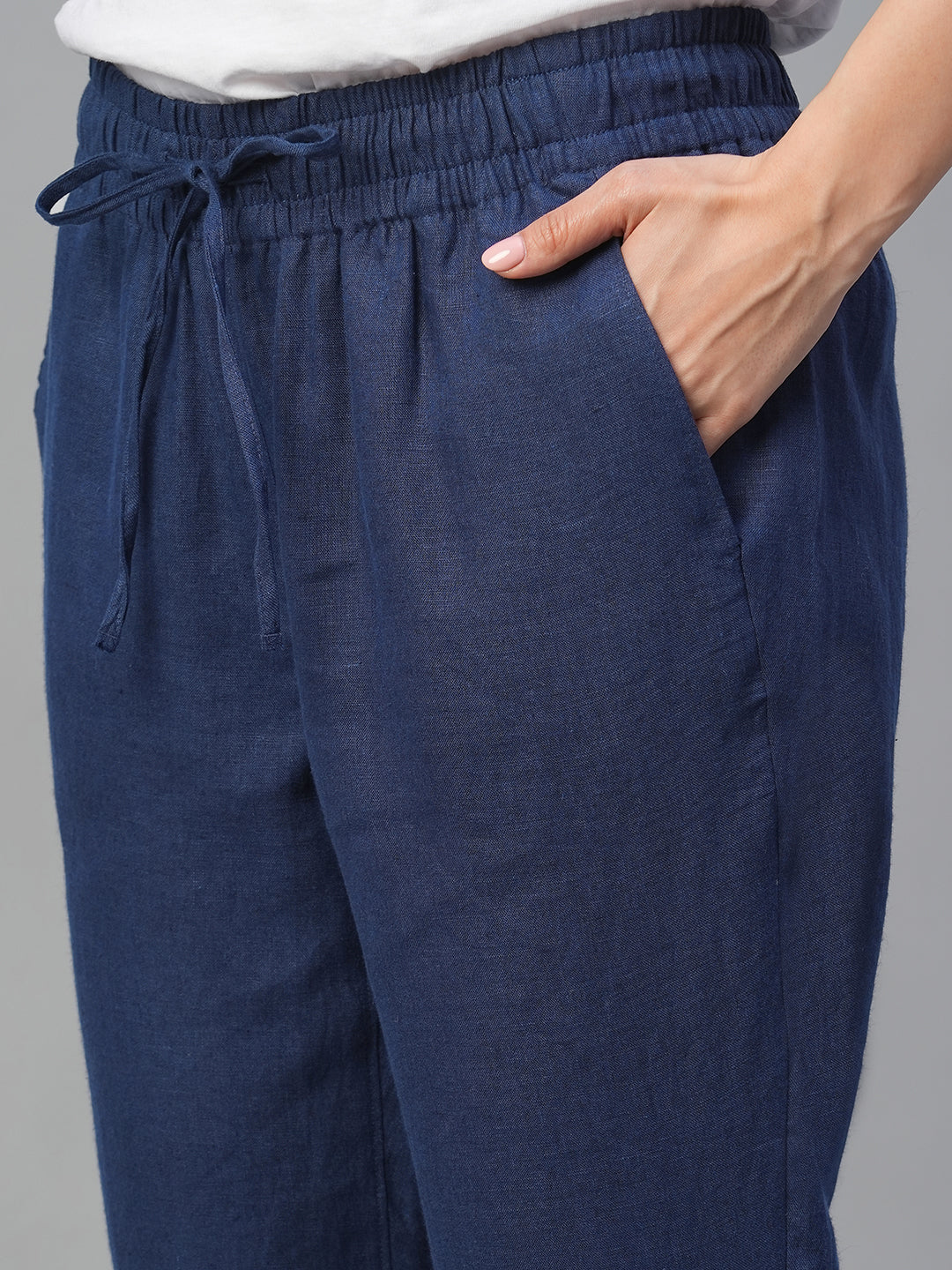 Women's Navy 100% Linen Slim Fit Pant