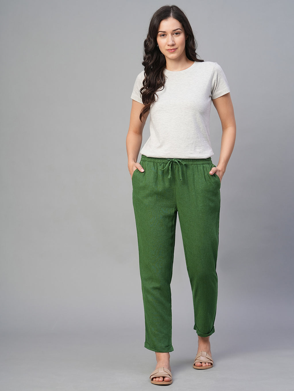 Women's Green Linen Viscose Regular Fit Pant