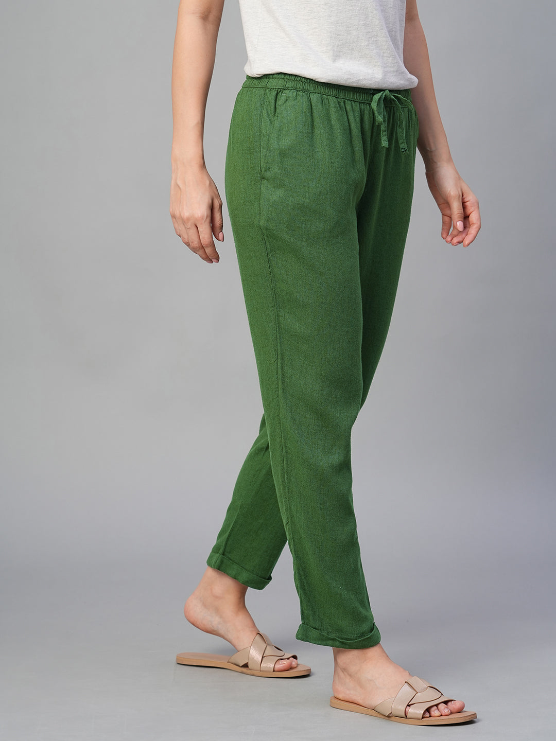 Women's Green Linen Viscose Regular Fit Pant