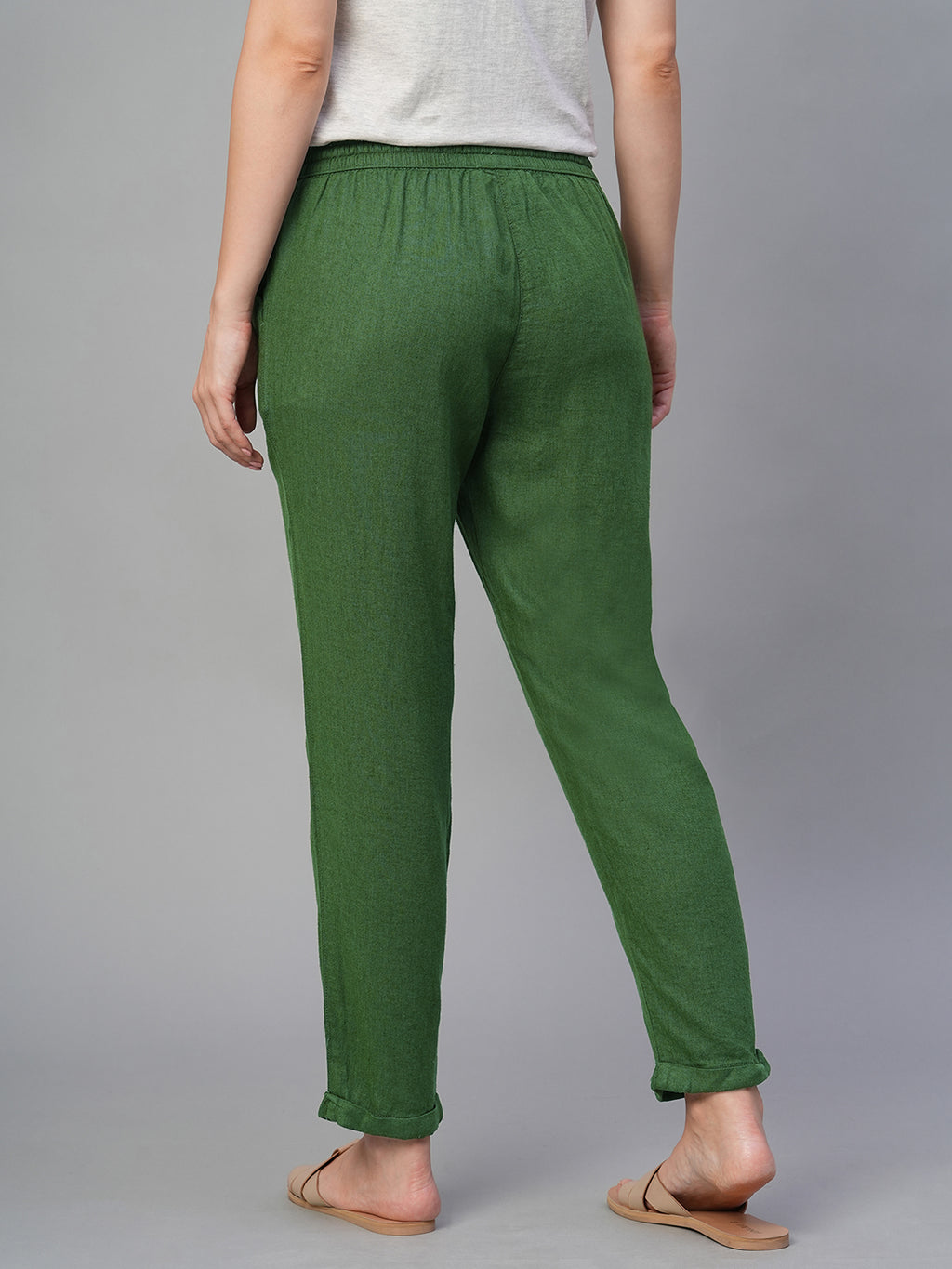 Women's Green Linen Viscose Regular Fit Pant