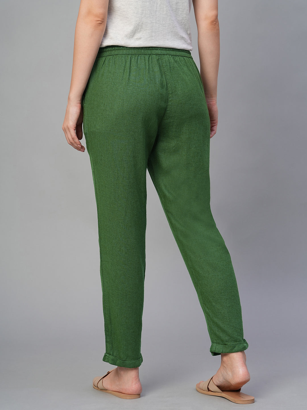 Women's Green Linen Viscose Regular Fit Pant