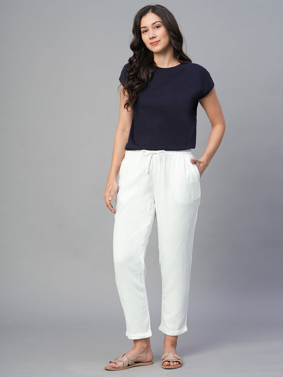 Women's White Linen Viscose Regular Fit Pant