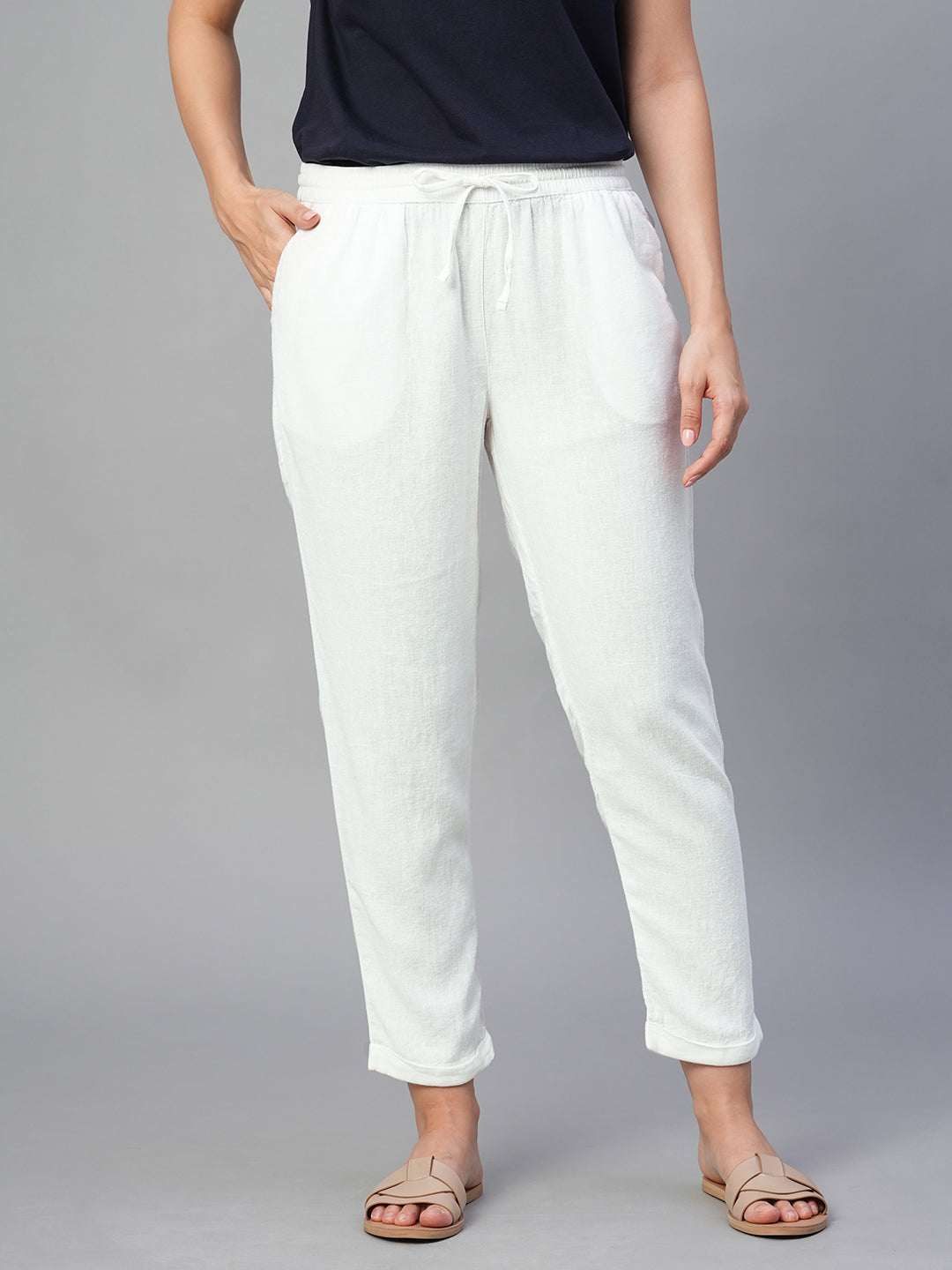 Women's White Linen Viscose Regular Fit Pant