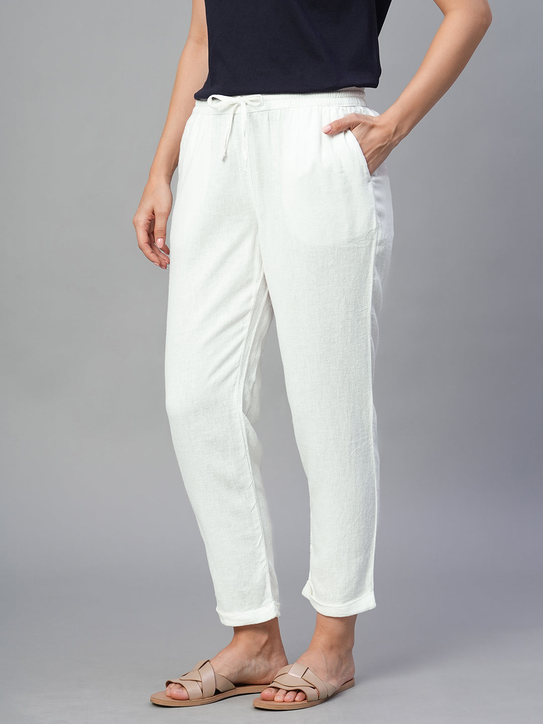 Women's White Linen Viscose Regular Fit Pant