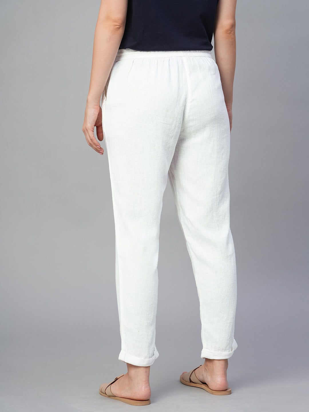 Women's White Linen Viscose Regular Fit Pant