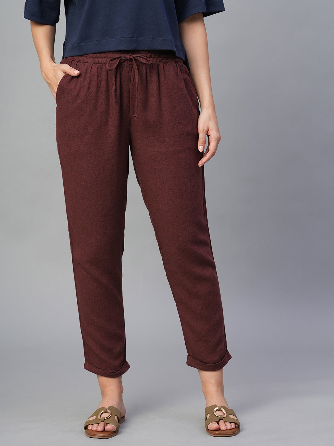 Women's Wine Linen Viscose Regular Fit Pant