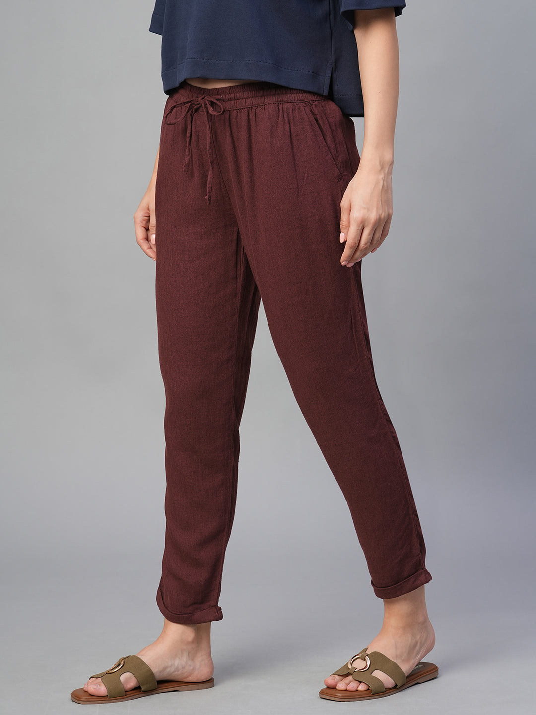 Women's Wine Linen Viscose Regular Fit Pant