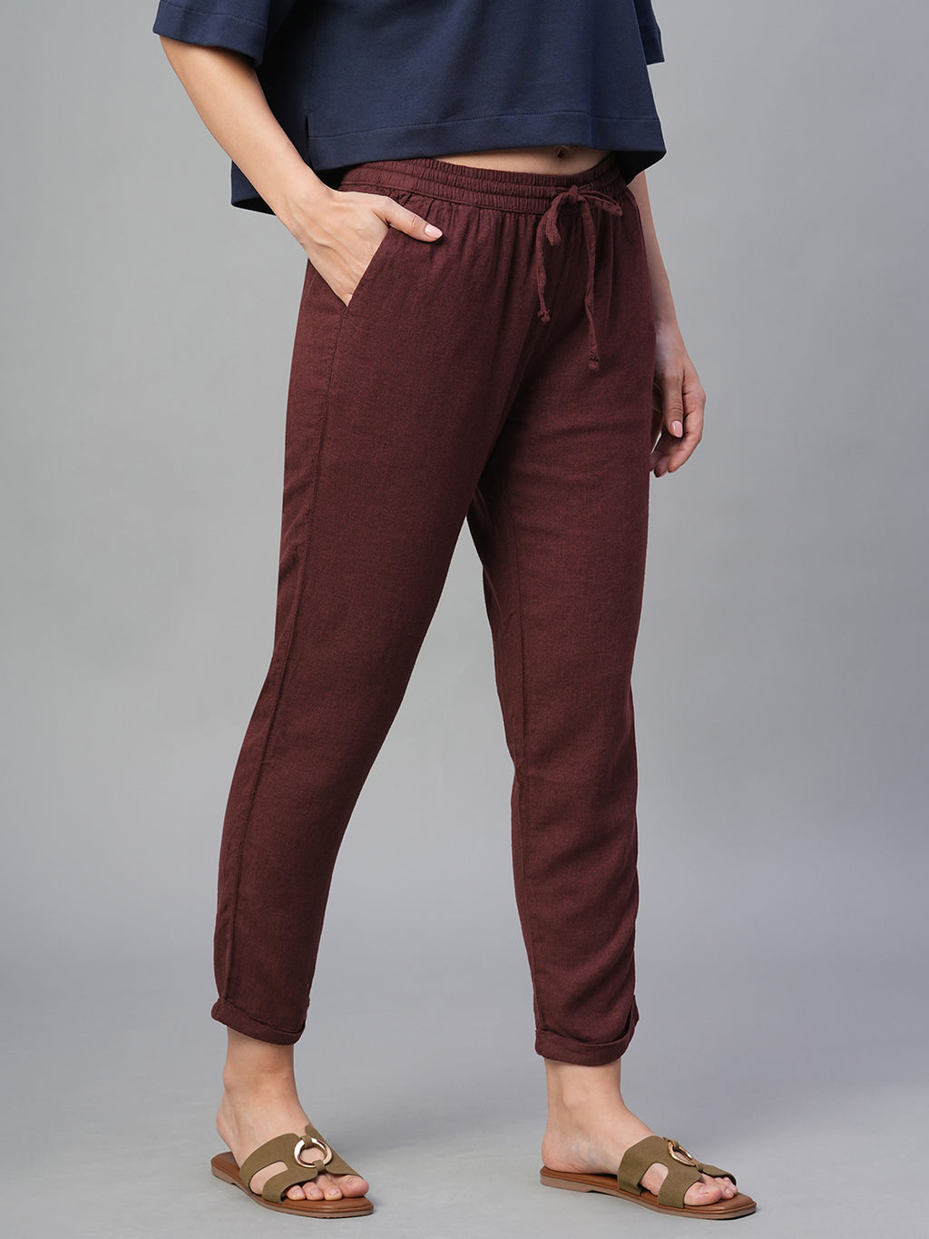 Women's Wine Linen Viscose Regular Fit Pant