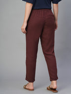 Women's Wine Linen Viscose Regular Fit Pant