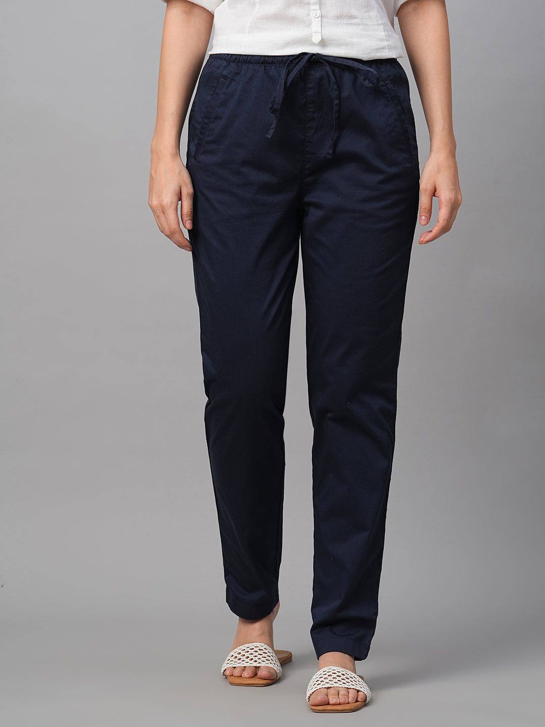 Women's Navy Cotton Lycra Regular Fit Pant