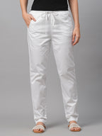 Women's White Cotton Lycra Regular Fit Pant