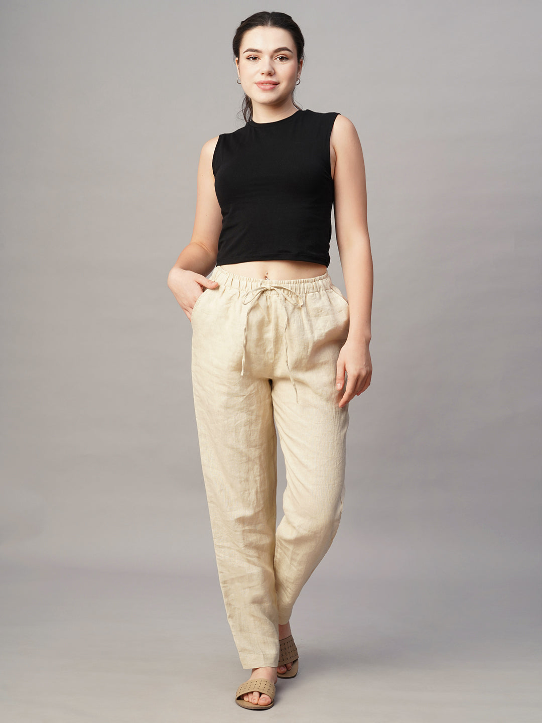 Women's Beige Linen Regular Fit Pant