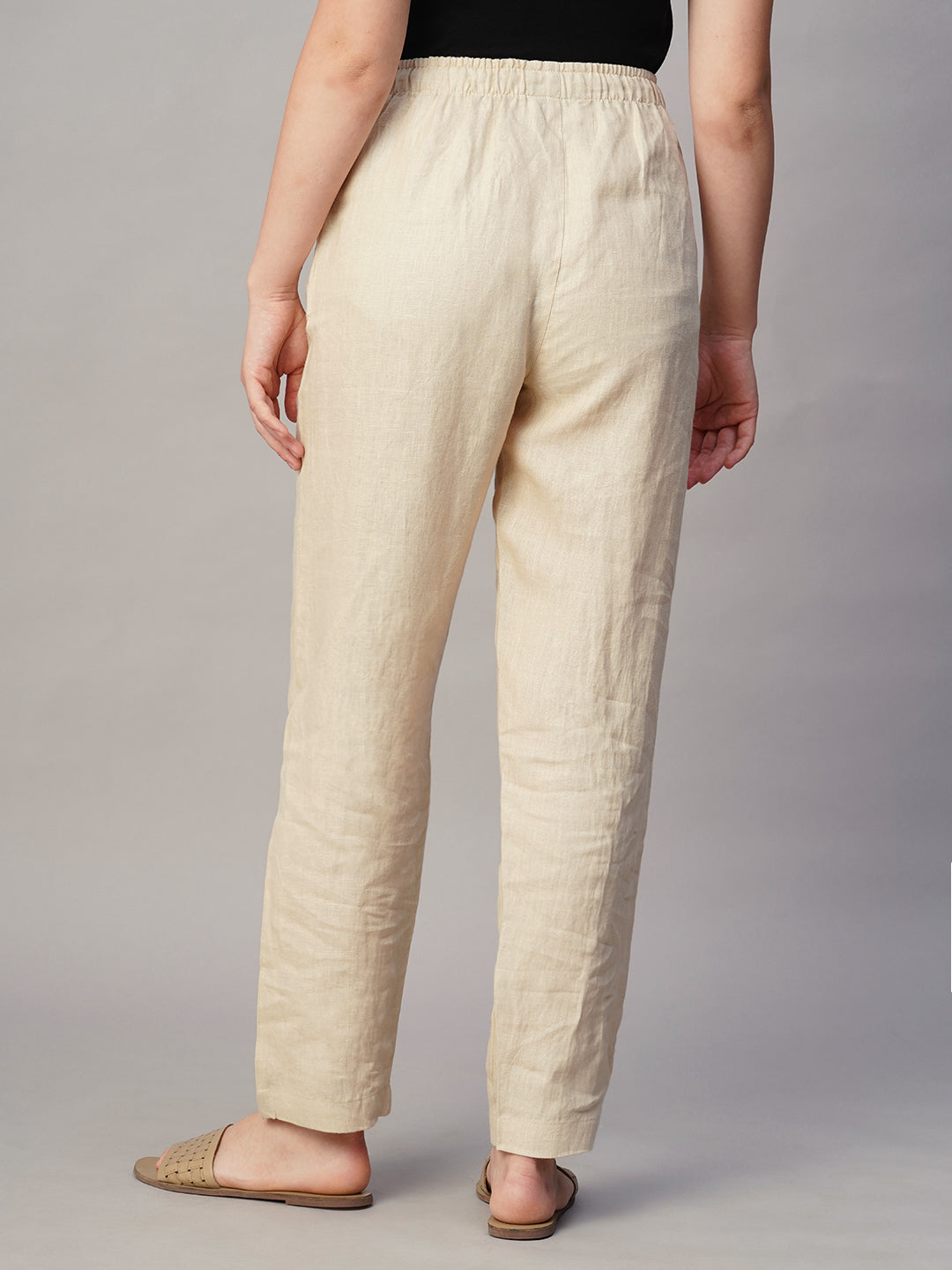 Women's Beige Linen Regular Fit Pant