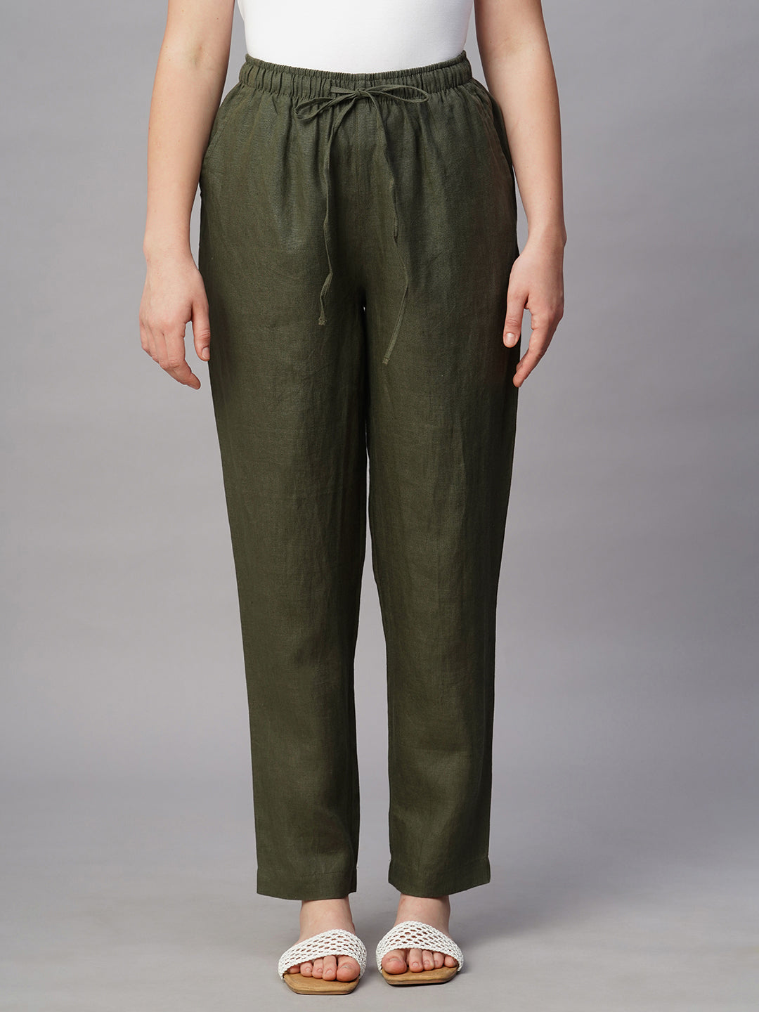 Women's Olive Linen Regular Fit Pant