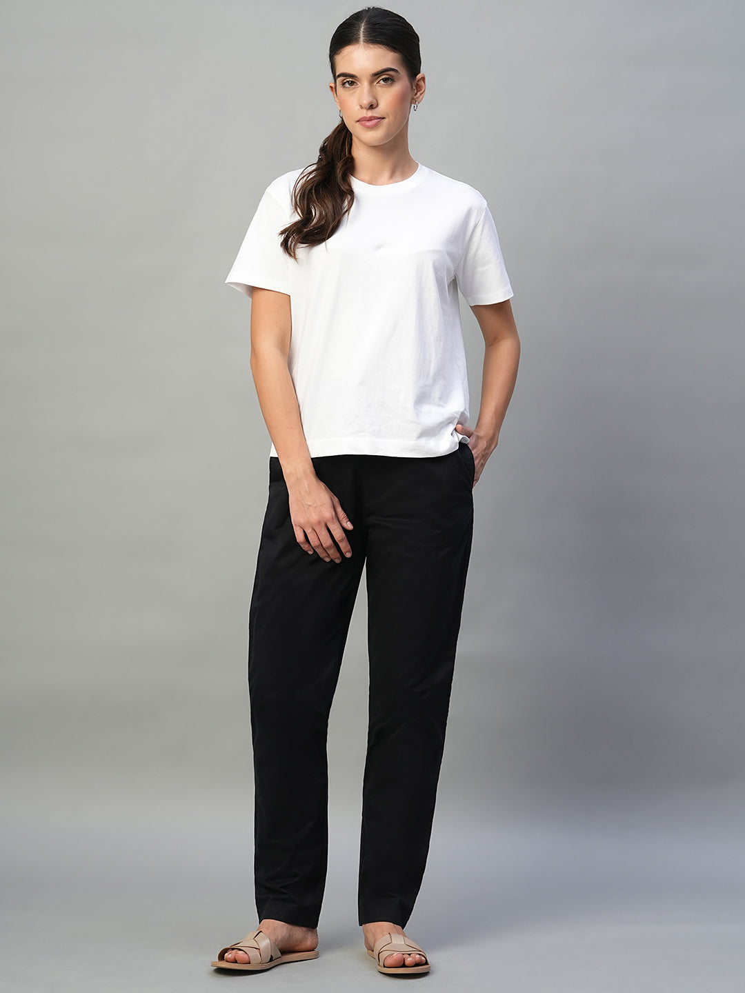 Women's Black Cotton Lycra Regular Fit Pant