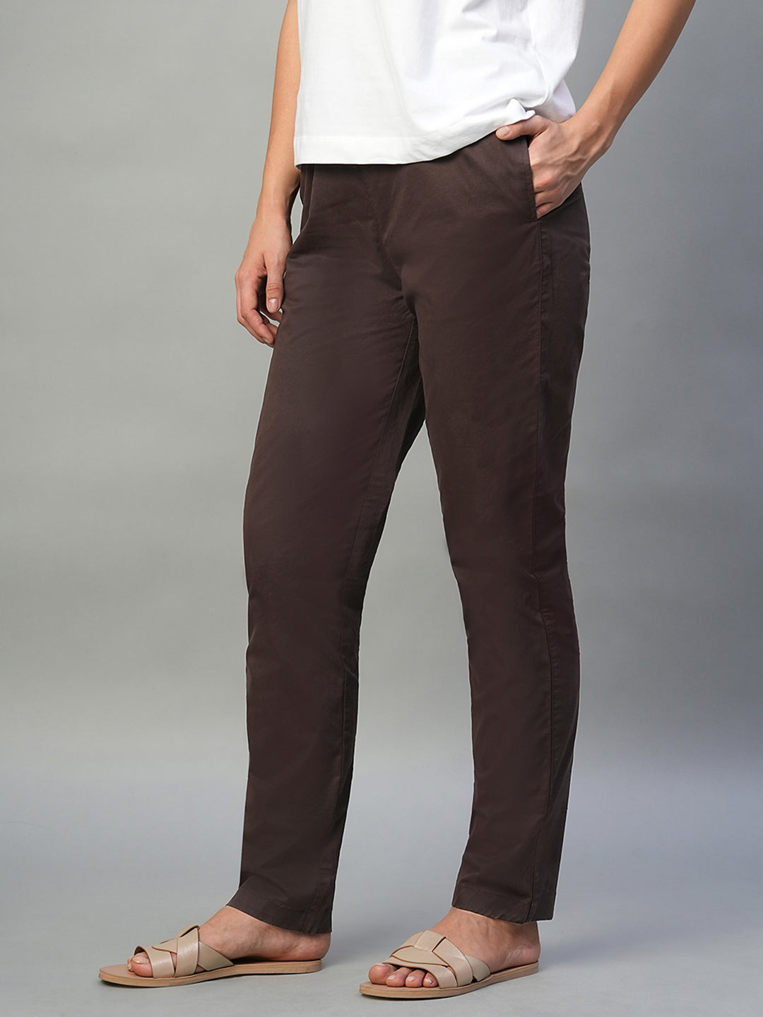 Women's Brown Cotton Lycra Regular Fit Pant