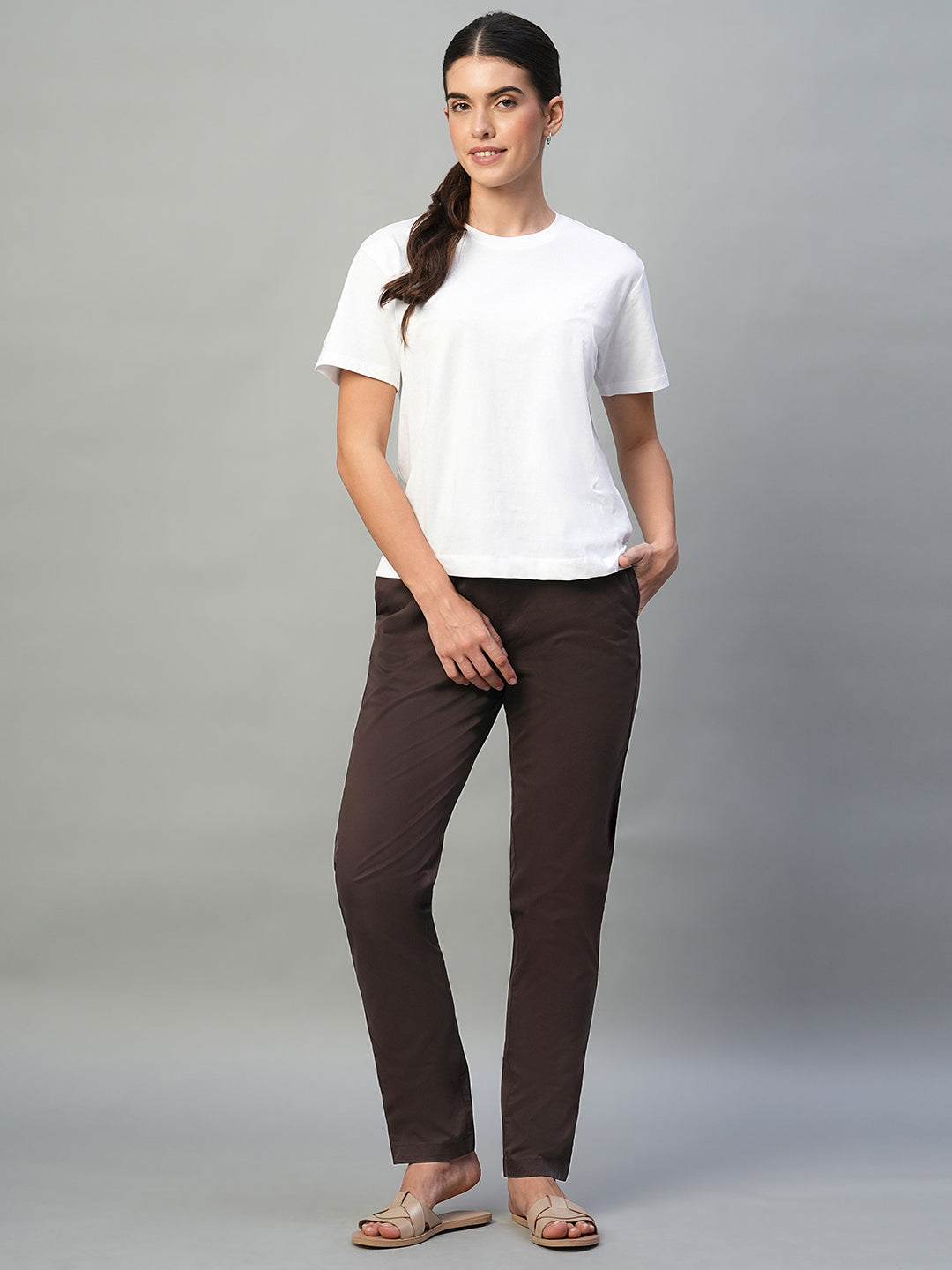 Women's Brown Cotton Lycra Regular Fit Pant