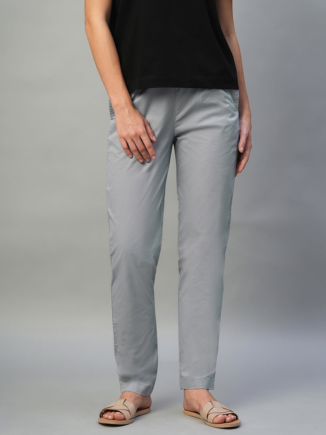 Women's Light Grey Cotton Lycra Regular Fit Pant