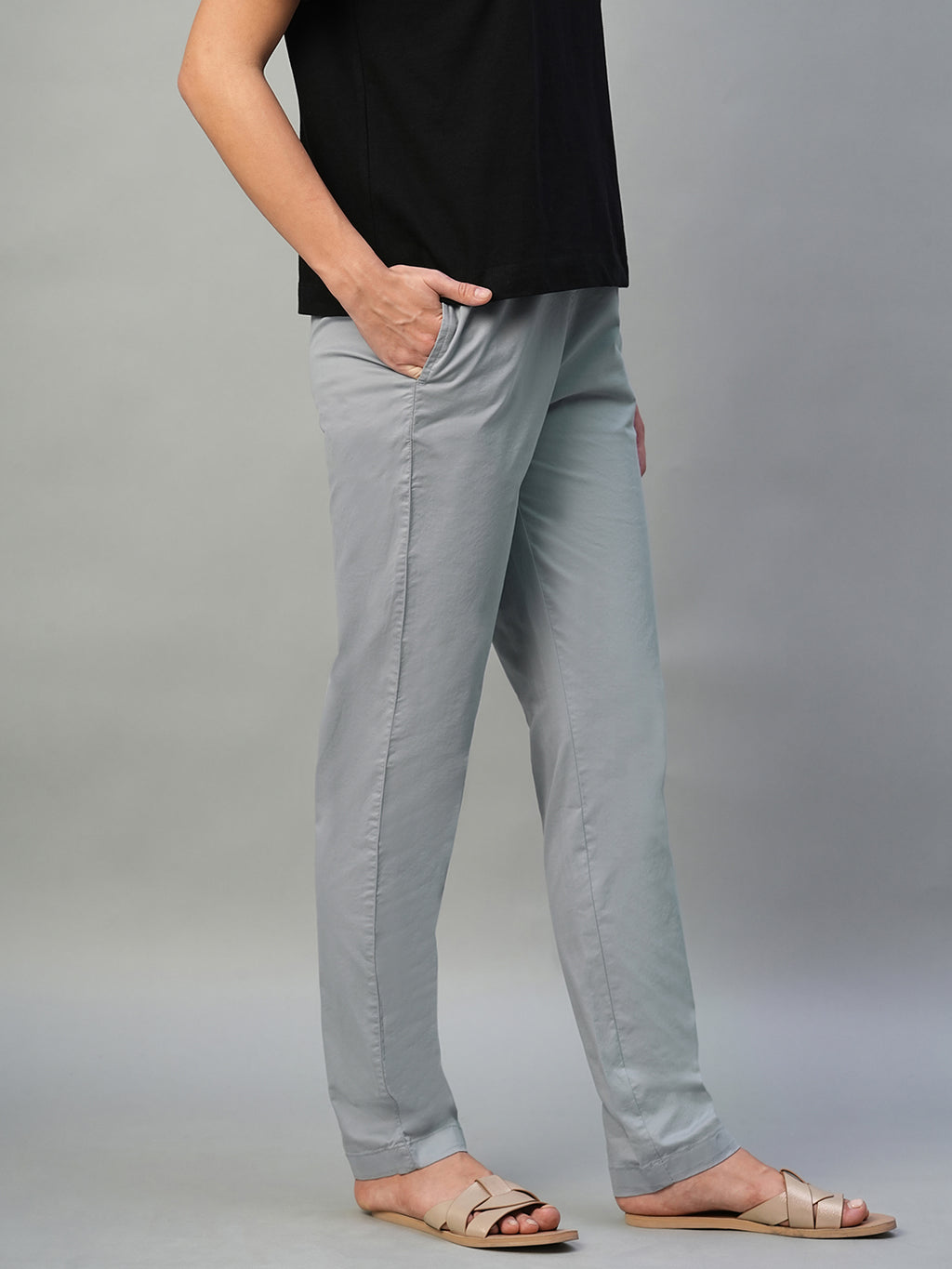 Women's Light Grey Cotton Lycra Regular Fit Pant
