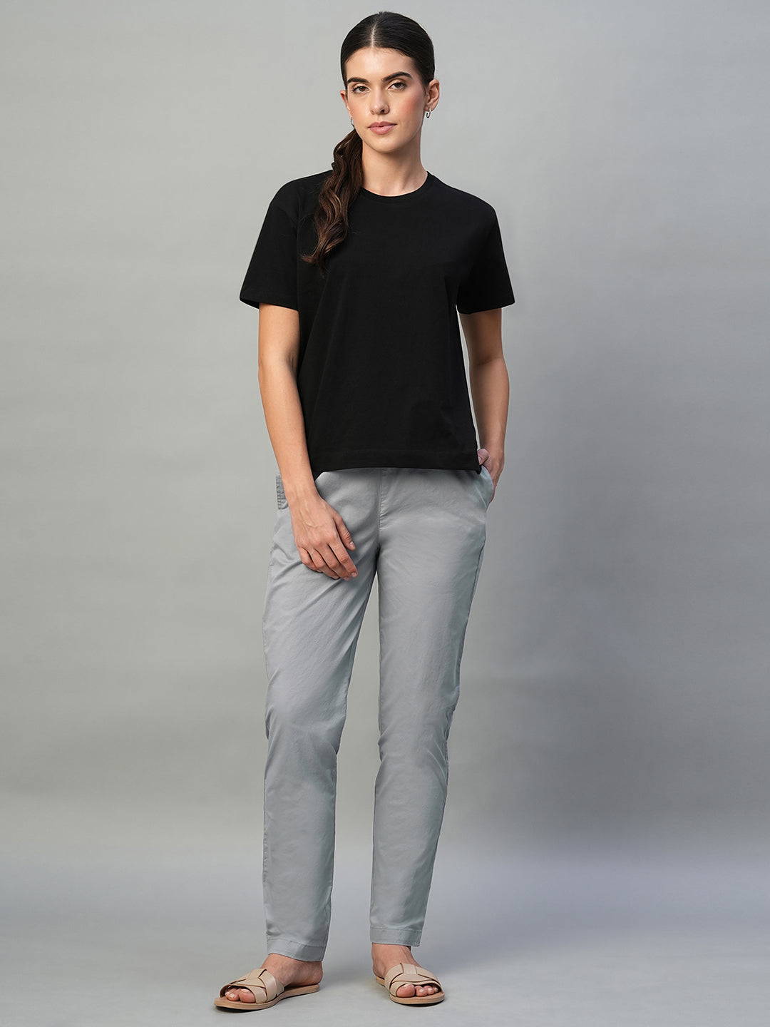 Women's Light Grey Cotton Lycra Regular Fit Pant