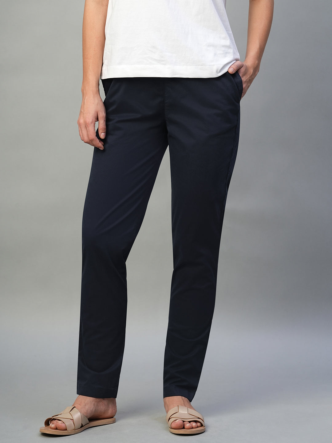 Women's Navy Cotton Lycra Regular Fit Pant