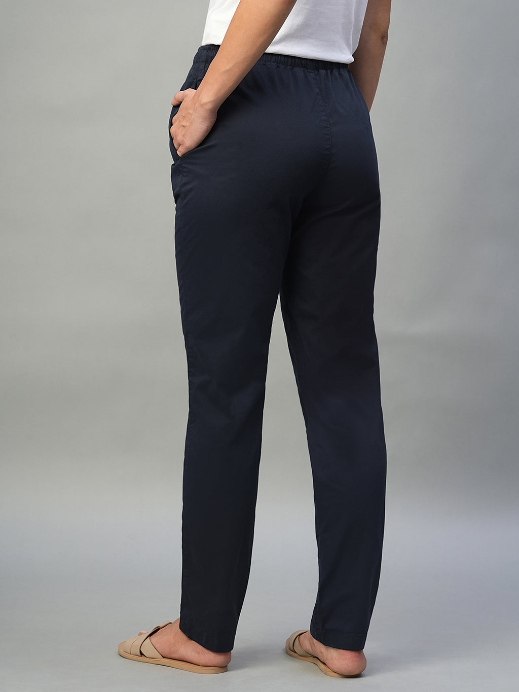 Women's Navy Cotton Lycra Regular Fit Pant