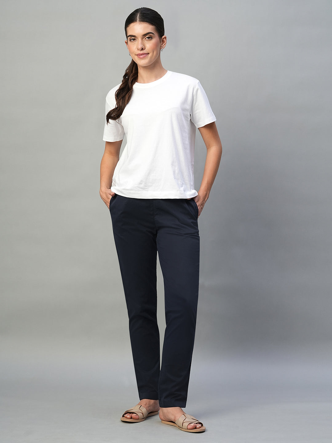 Women's Navy Cotton Lycra Regular Fit Pant