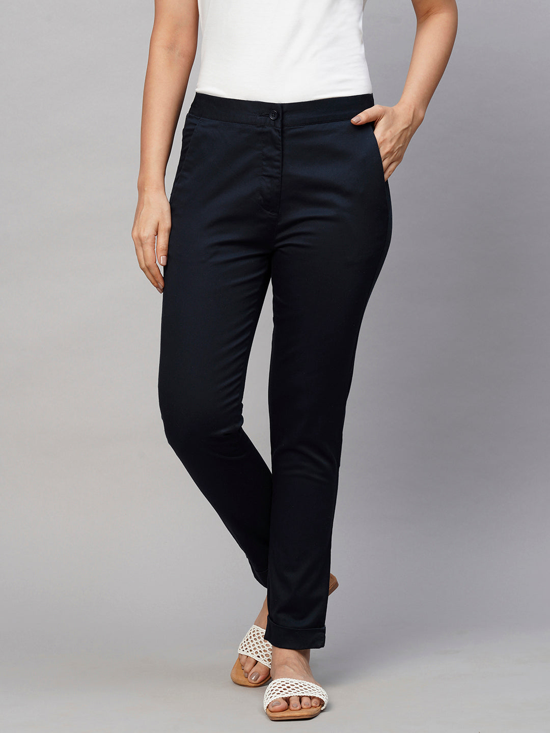 Women's Navy Cotton Lycra Slim Fit Pant