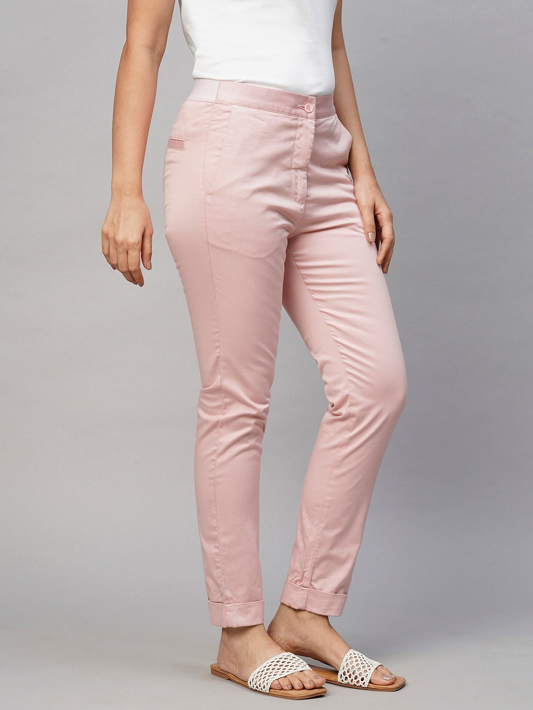 Women's Pink Cotton Lycra Slim Fit Pant
