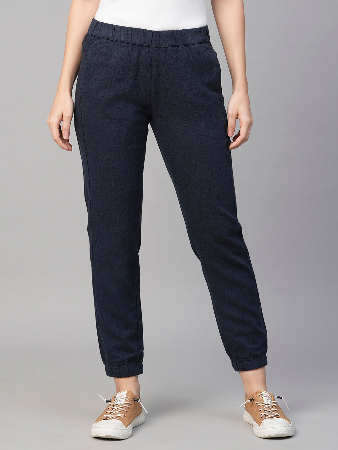 Women's Navy Linen Cotton Jogger Pant