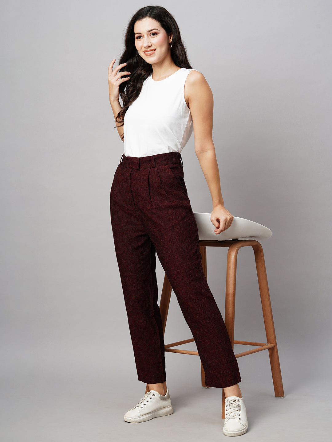 Women's Maroon/Red Viscose Linen Straight Fit Pant