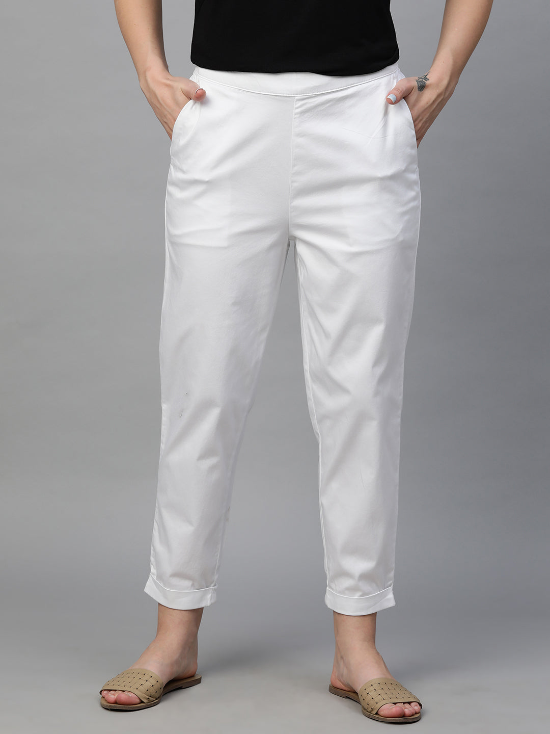 Women's White Cotton Elastane Regular Fit Pant