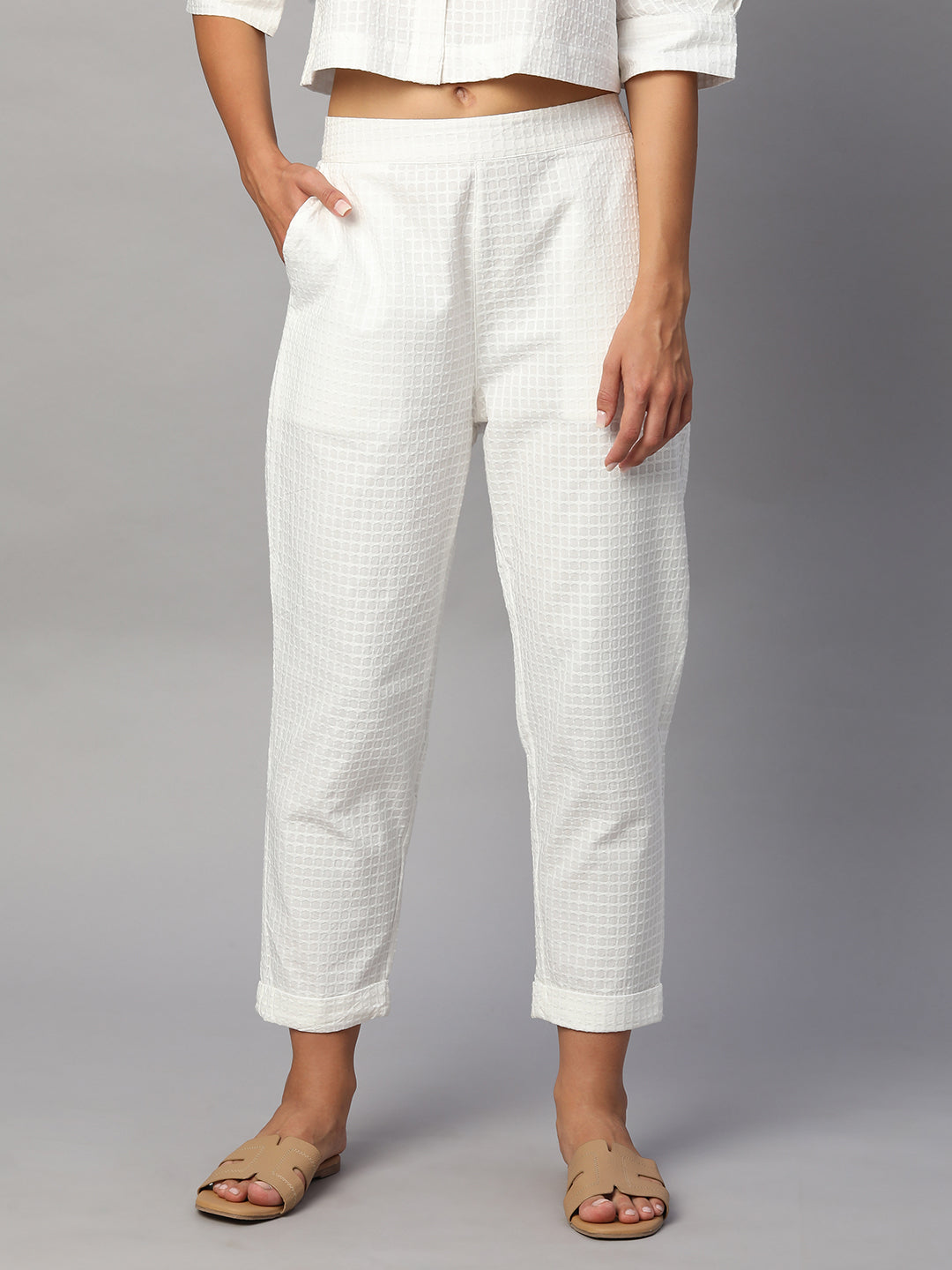 Women's White 100% Cotton Regular Fit Pant