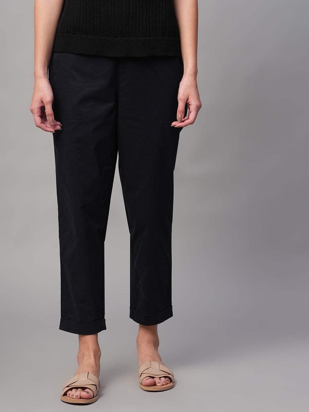 Women's Black Cotton Lycra Regular Fit Pant
