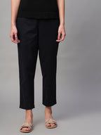 Women's Black Cotton Lycra Regular Fit Pant
