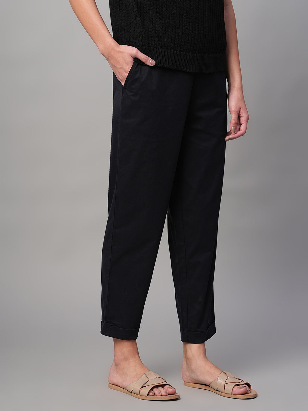 Women's Black Cotton Lycra Regular Fit Pant