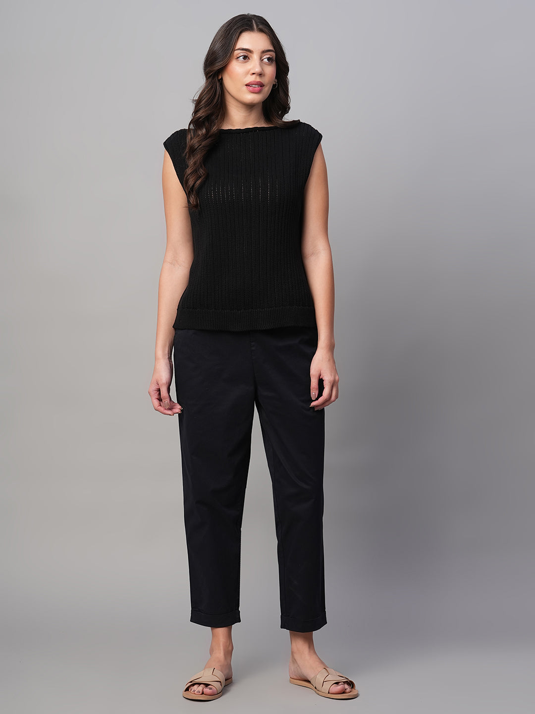 Women's Black Cotton Lycra Regular Fit Pant