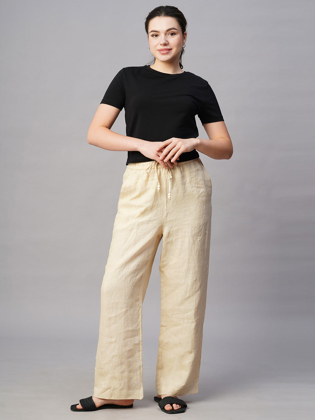 Women's Beige Linen Regular Fit Pant