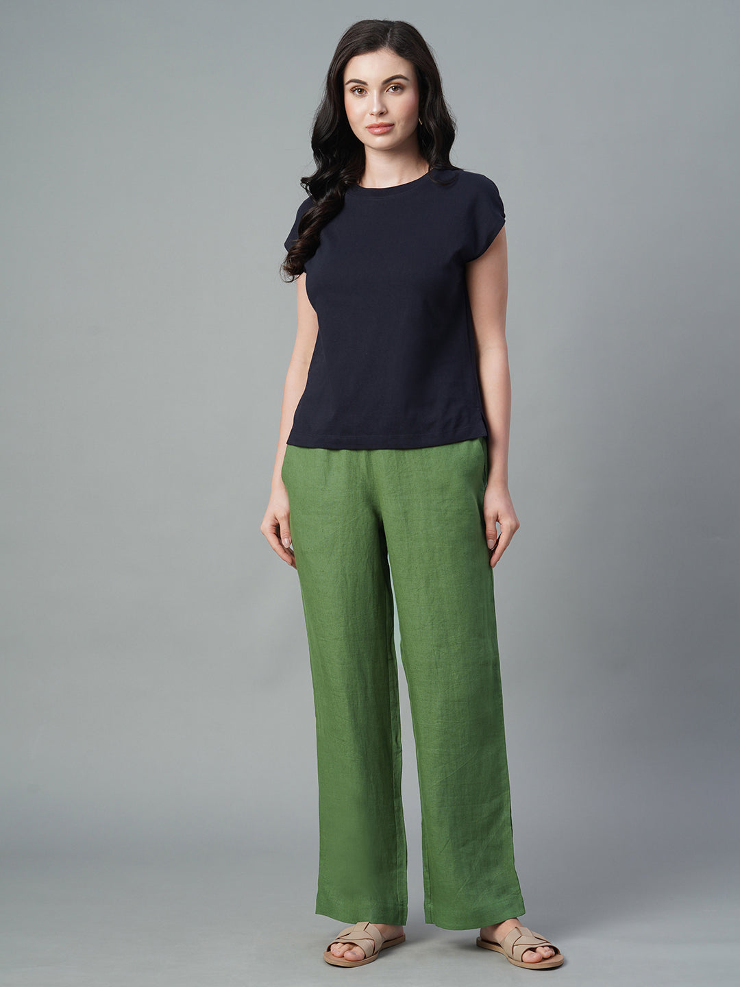 Women's Green 100% Linen Regular Fit Pant