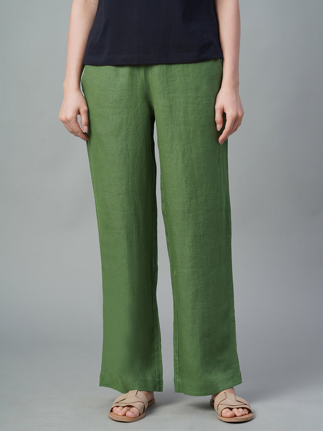 Women's Green 100% Linen Regular Fit Pant