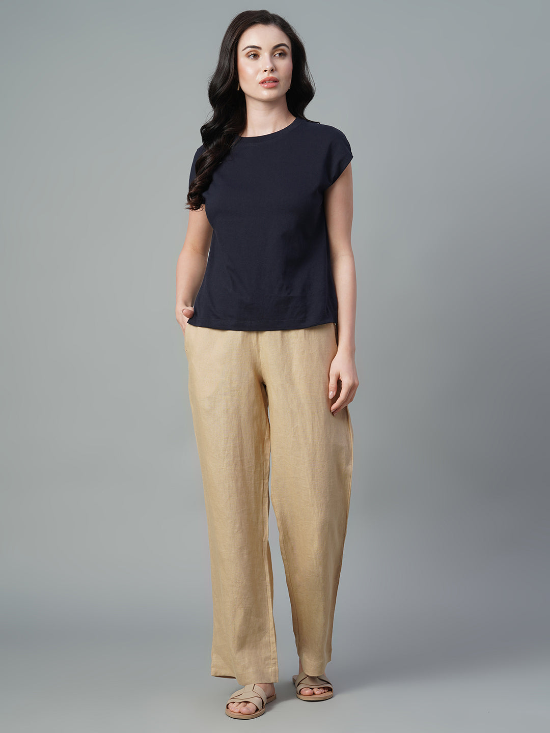 Women's Khaki 100% Linen Regular Fit Pant