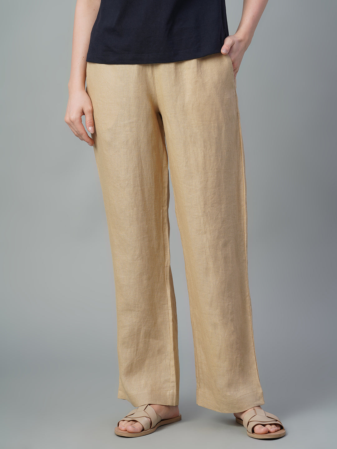Women's Khaki 100% Linen Regular Fit Pant
