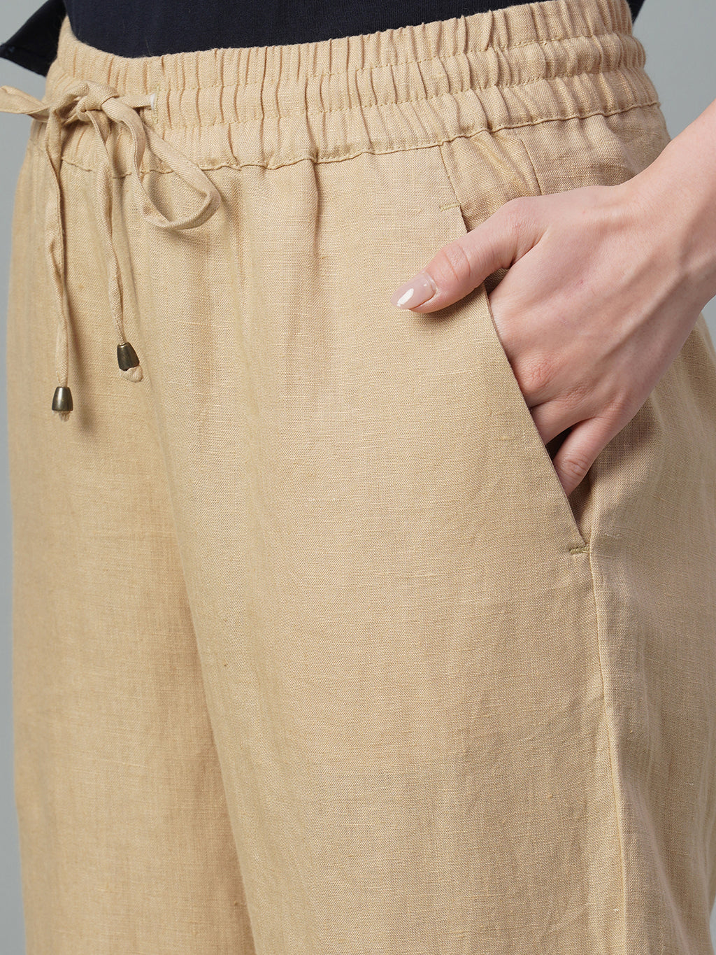 Women's Khaki 100% Linen Regular Fit Pant