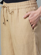 Women's Khaki 100% Linen Regular Fit Pant