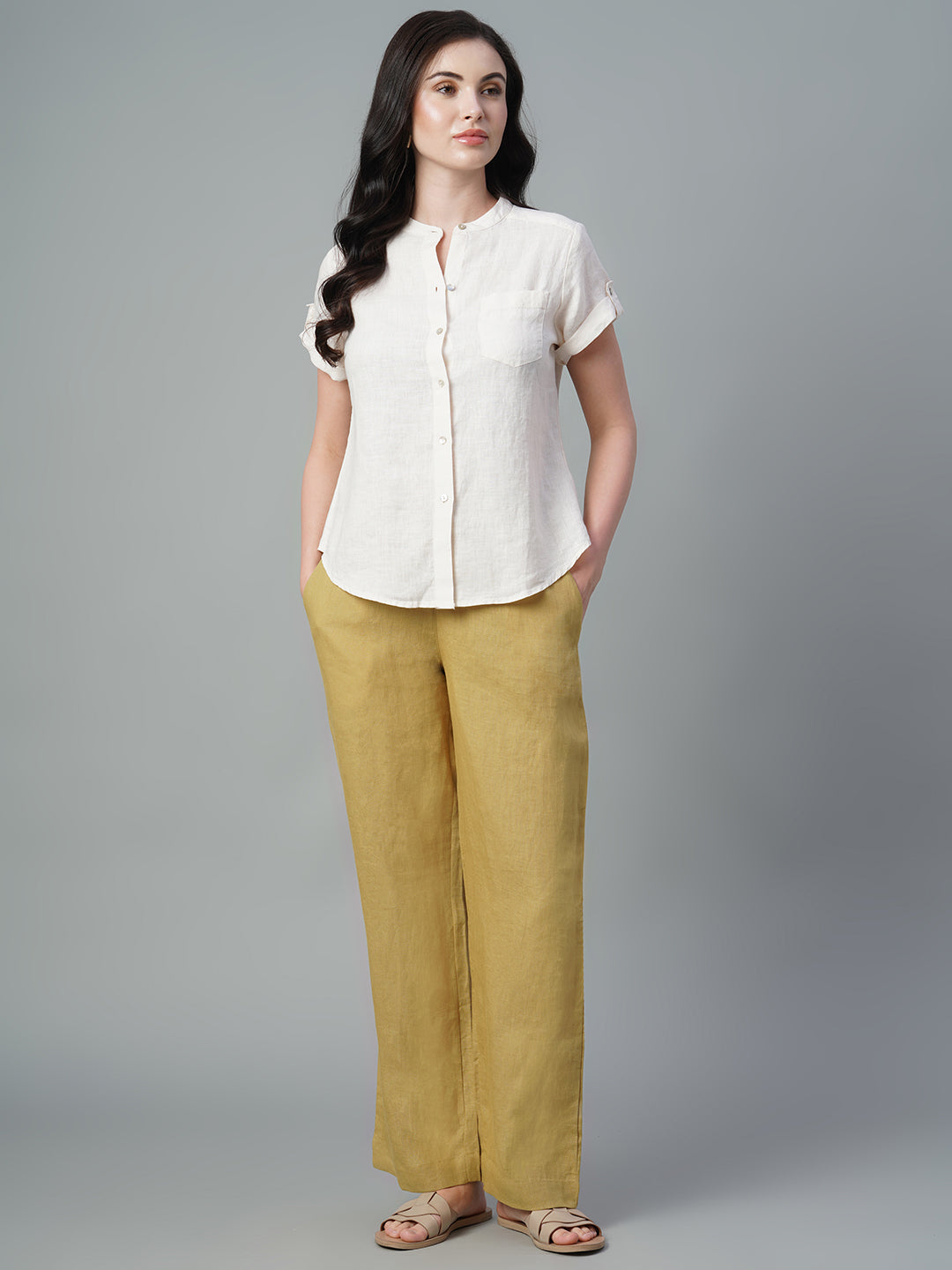 Women's Mustard 100% Linen Regular Fit Pant