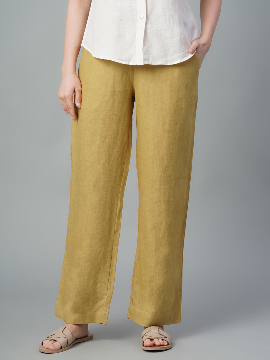 Women's Mustard 100% Linen Regular Fit Pant