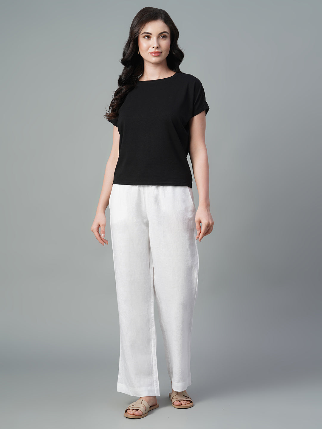 Women's White 100% Linen Regular Fit Pant
