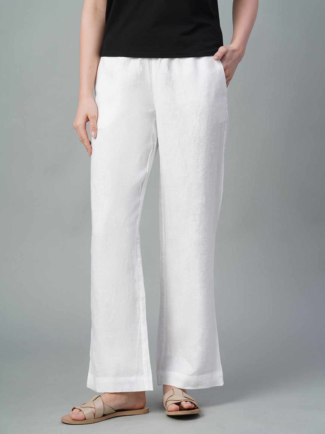 Women's White 100% Linen Regular Fit Pant